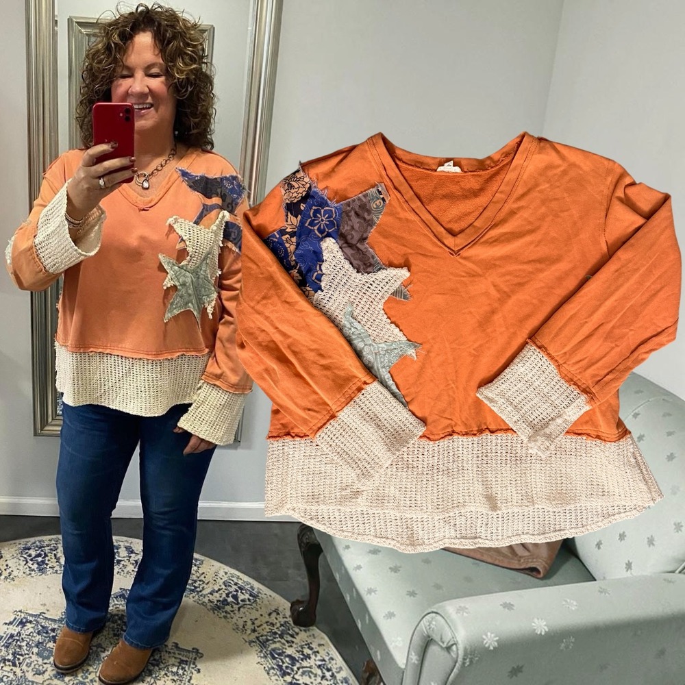 POL Clothing Sweater Patchwork Star Crochet Trim Burnt Orange S